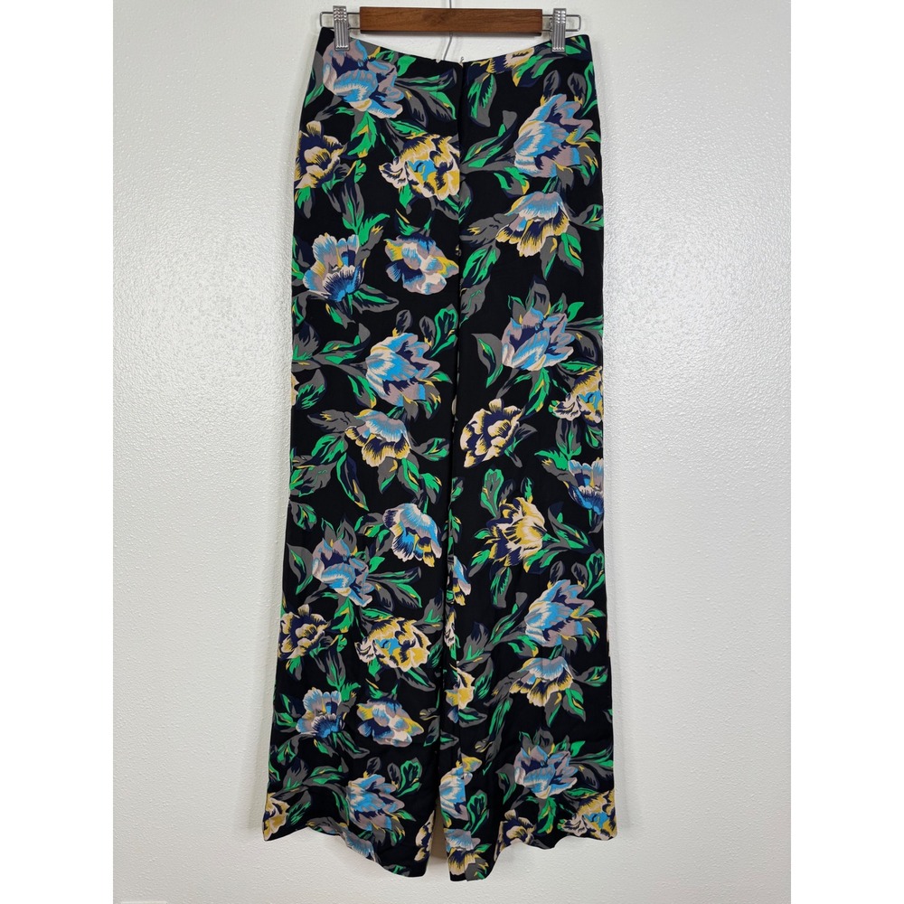 Diane von Furstenberg DVF Floral Silk Blend Wide Leg Pants Black Blue Size 2